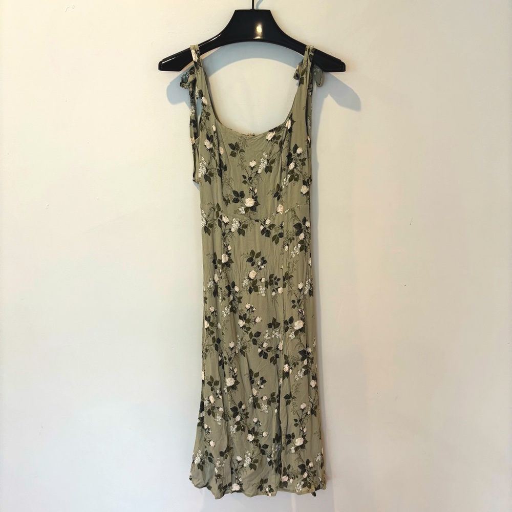 Reformation Moss Green Floral Shoulder Tie Midi Dress